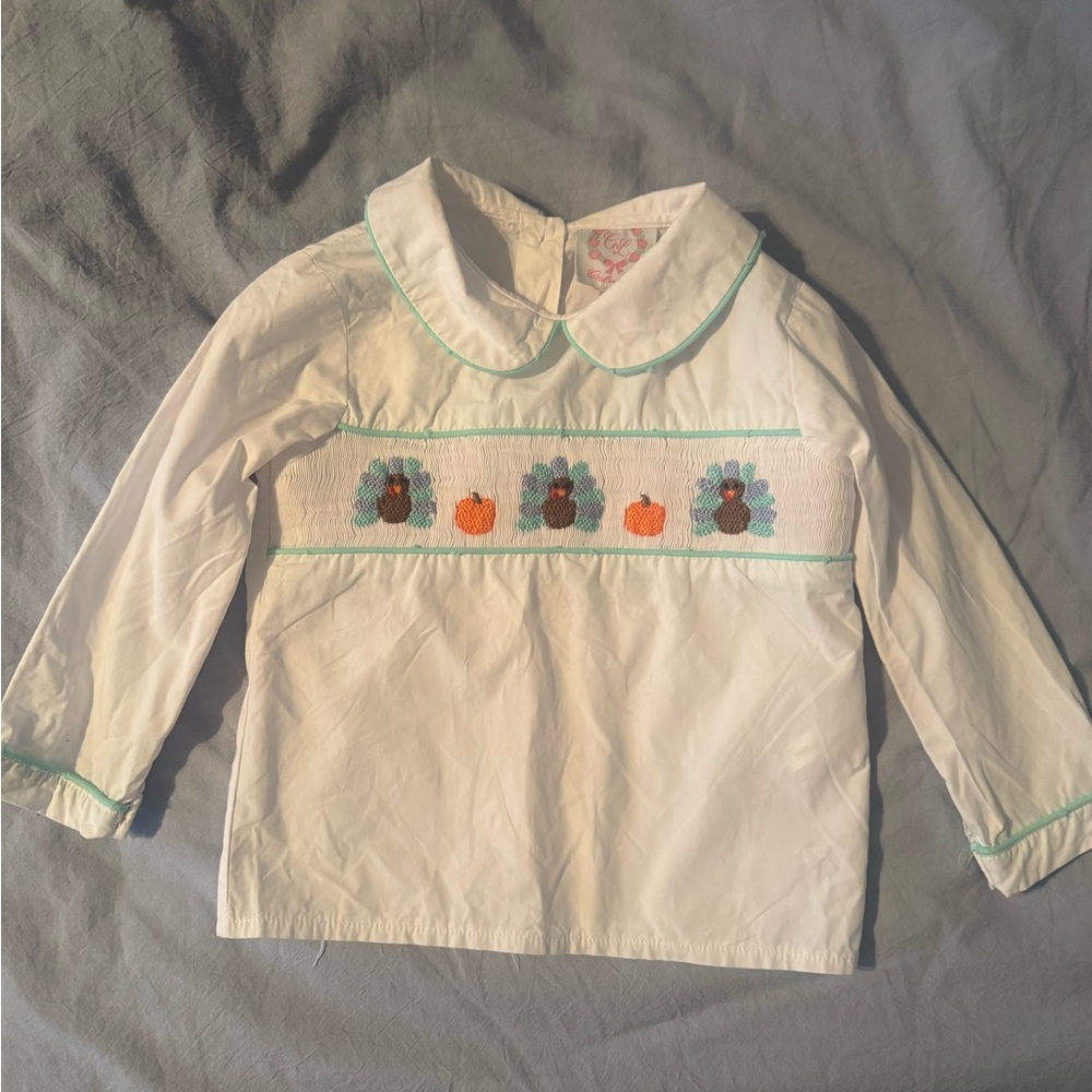 Smocked White Long Sleeve Shirt with Floral Embroidery